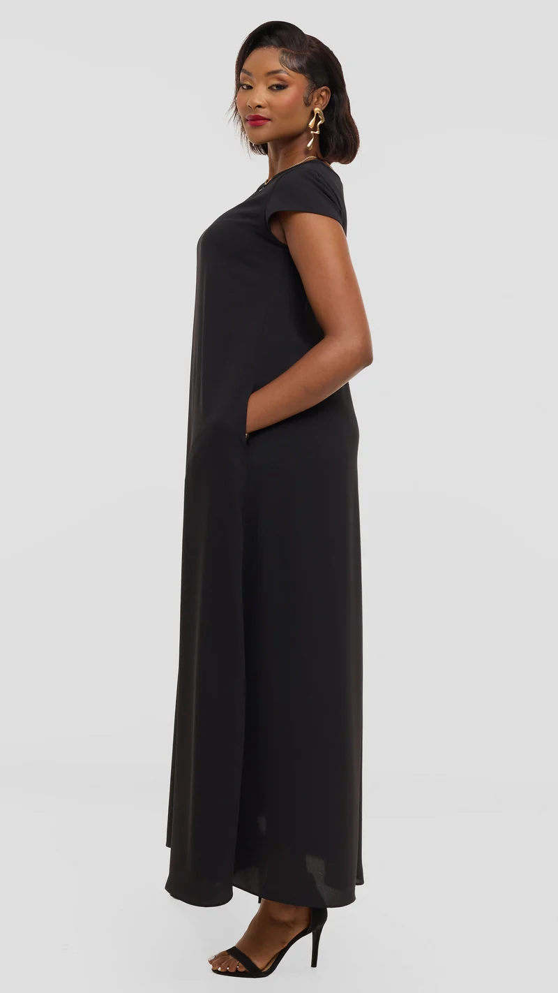Vivo Basic Cap Sleeve Maxi Dress in Chiffon - Black