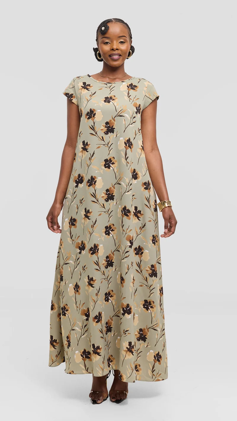 Vivo Basic Cap Sleeve Tent Maxi Dress in Crepe - Jungle Green / Brown Floral Print
