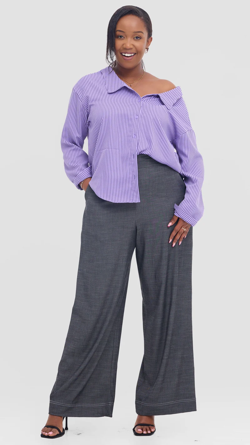 Vivo Drop Shoulder Top in Cotton - Purple Slim Pinstripe Print