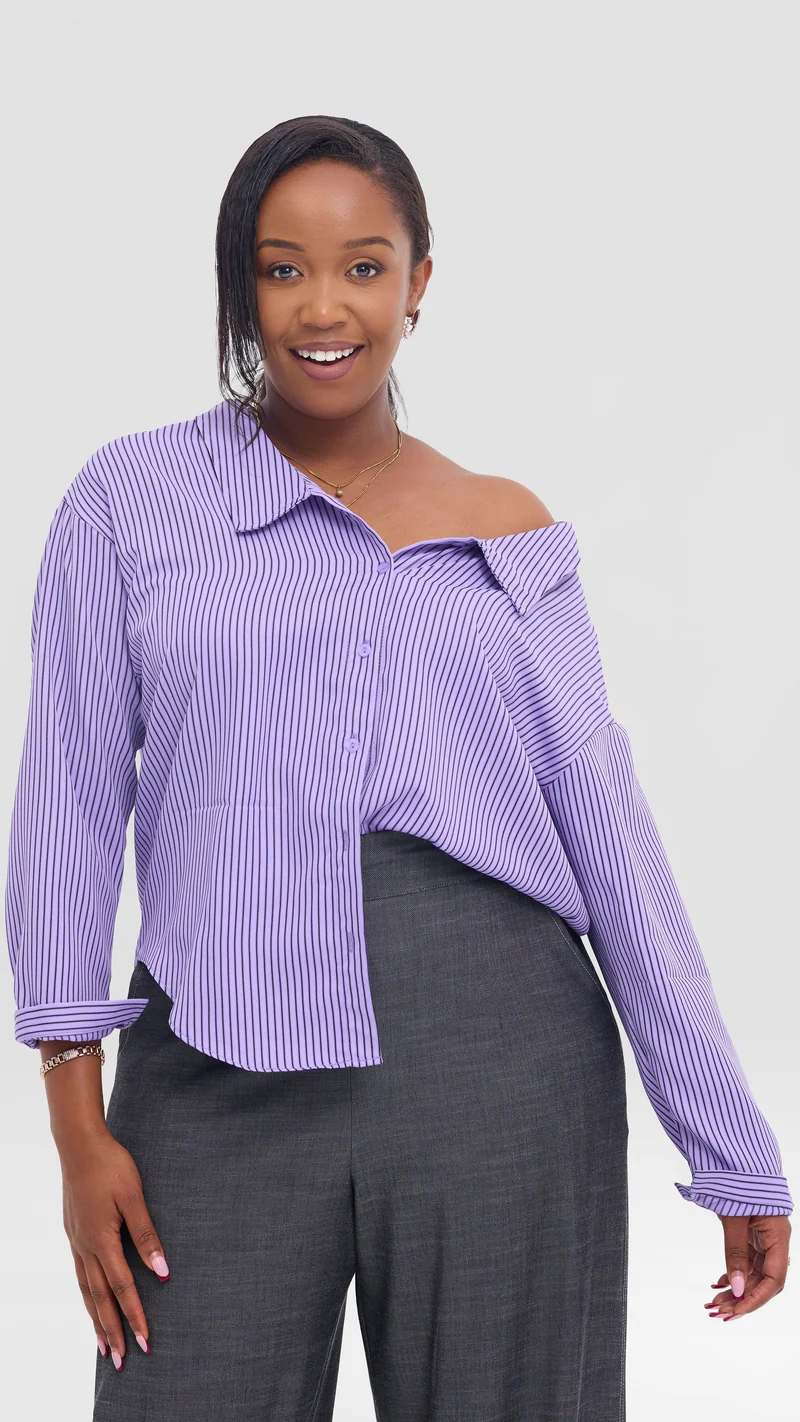 Vivo Drop Shoulder Top in Cotton - Purple Slim Pinstripe Print