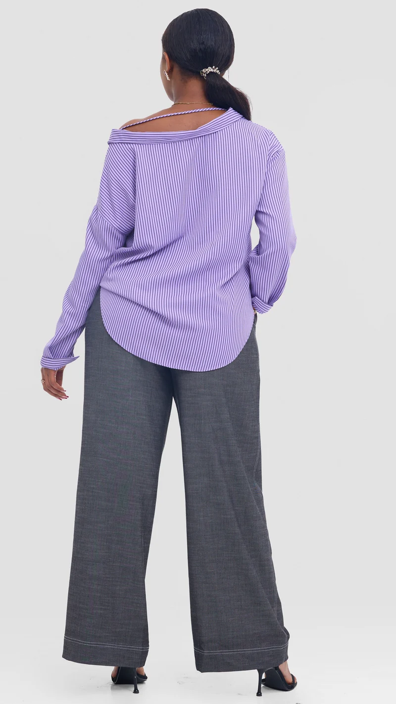 Vivo Drop Shoulder Top in Cotton - Purple Slim Pinstripe Print