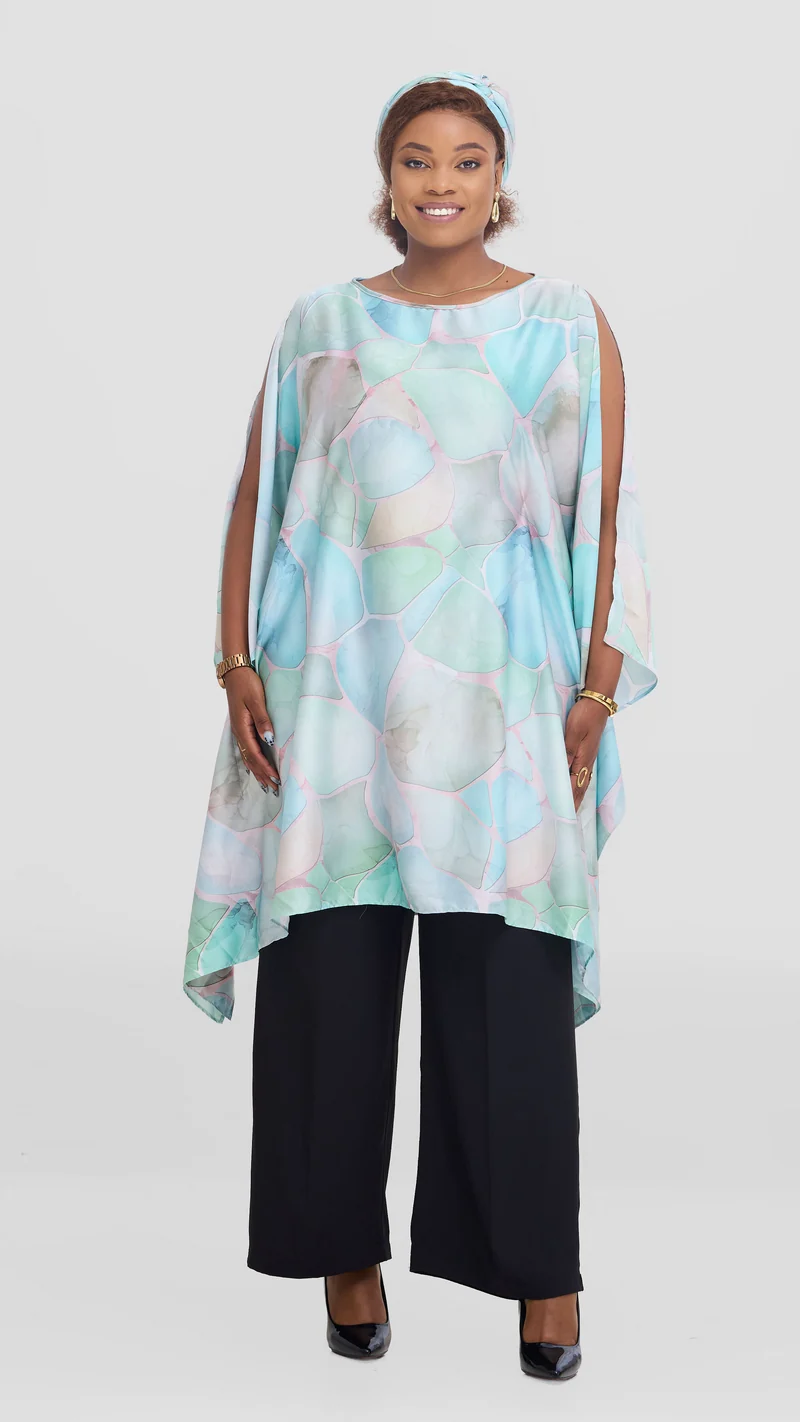 Vivo Knee Length Kaftan in Satin - Pink / Sea Green Print