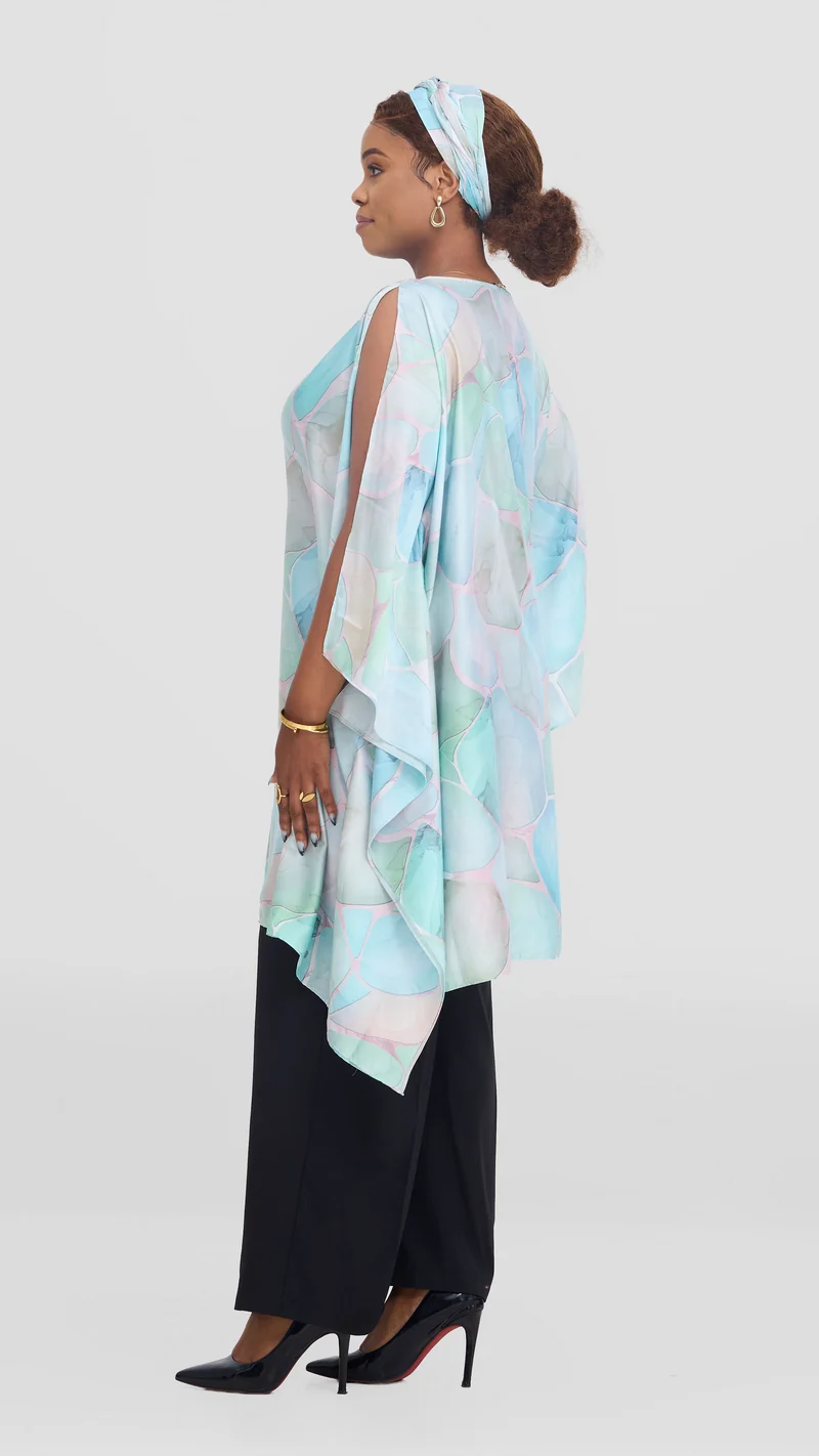 Vivo Knee Length Kaftan in Satin - Pink / Sea Green Print