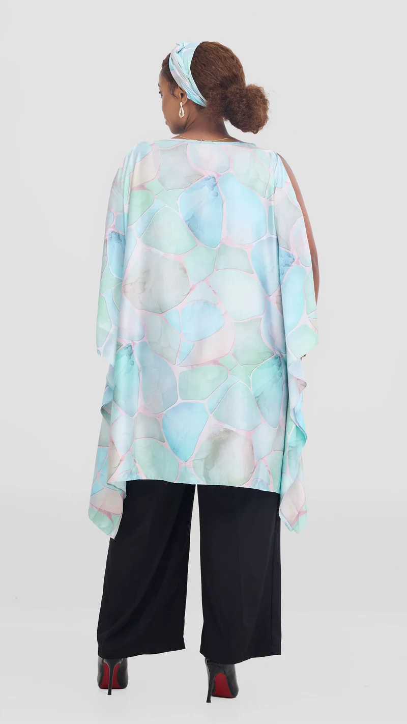 Vivo Knee Length Kaftan in Satin - Pink / Sea Green Print