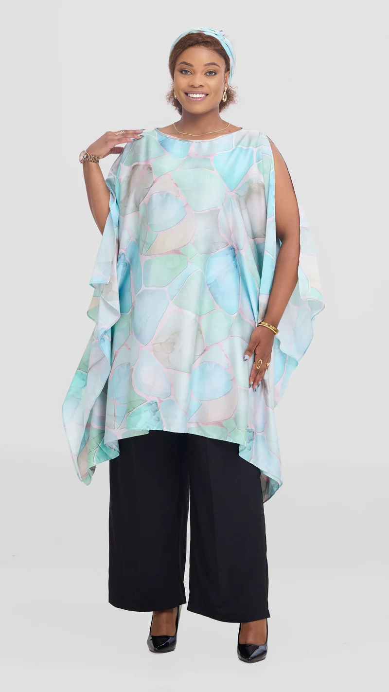 Vivo Knee Length Kaftan in Satin - Pink / Sea Green Print