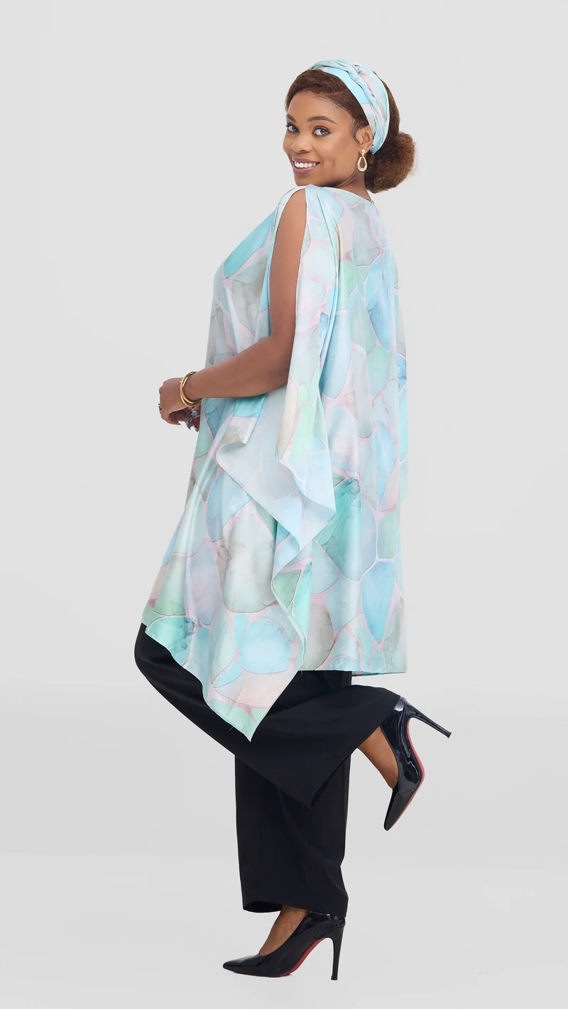 Vivo Knee Length Kaftan in Satin - Pink / Sea Green Print