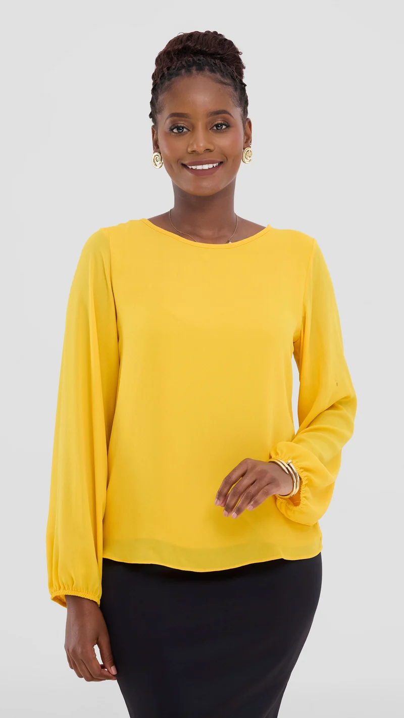 Vivo Basic Bishop Sleeve Top In Chiffon (Double Layered) - Mustard
