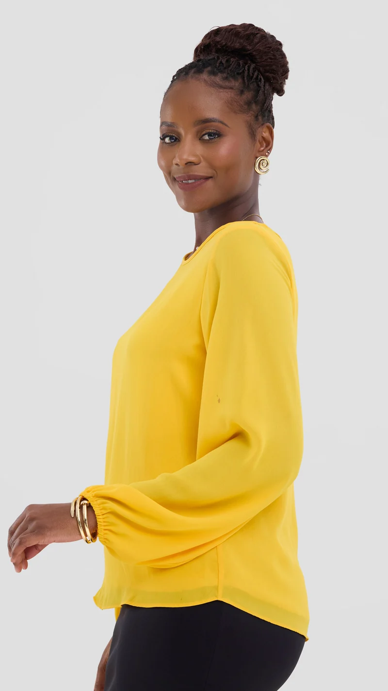 Vivo Basic Bishop Sleeve Top In Chiffon (Double Layered) - Mustard