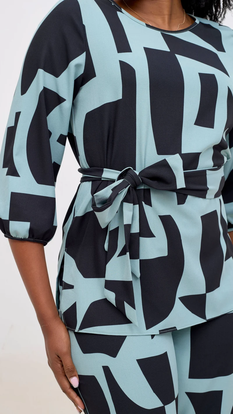 Vivo Kani Bishop Sleeve Top - Mint / Black Dashen Print