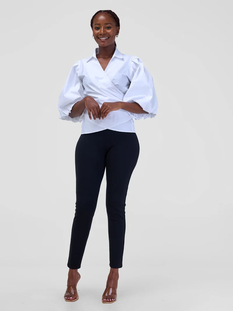 Safari Mali 3/4 Bishop Sleeve Tie Top - White