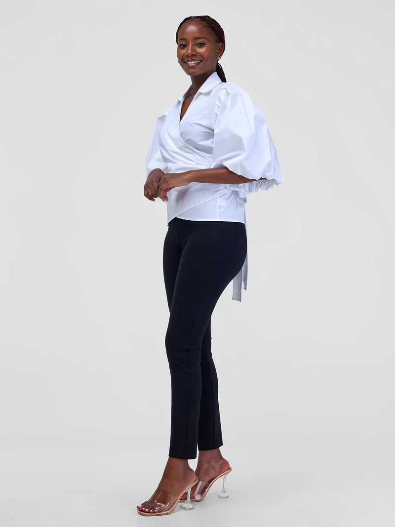 Safari Mali 3/4 Bishop Sleeve Tie Top - White