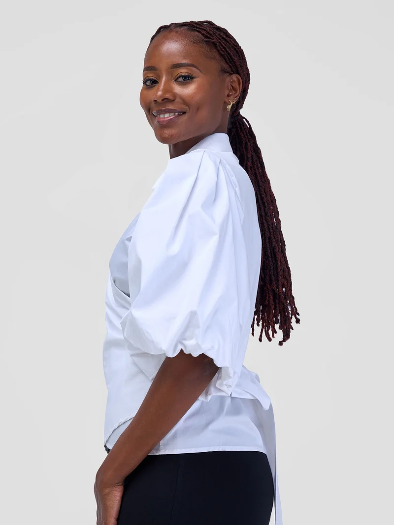 Safari Mali 3/4 Bishop Sleeve Tie Top - White
