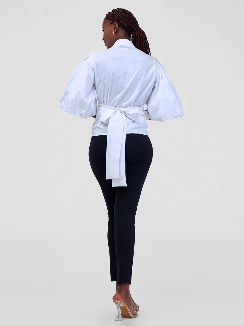 Safari Mali 3/4 Bishop Sleeve Tie Top - White