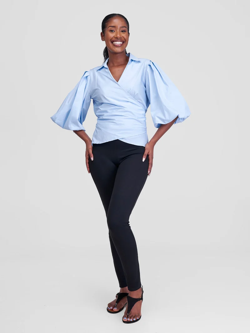 Safari by Vivo Mali 3/4 Bishop Sleeve Tie Top - Baby Blue