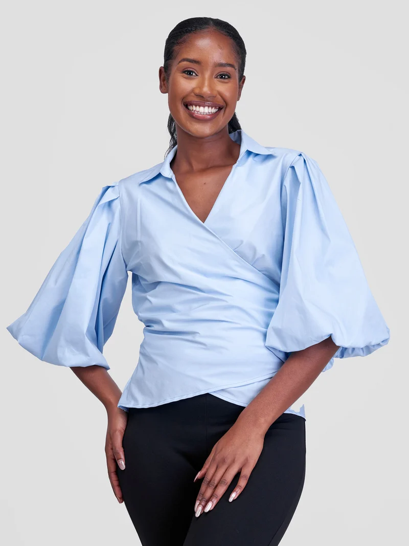 Safari by Vivo Mali 3/4 Bishop Sleeve Tie Top - Baby Blue