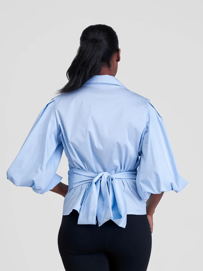 Safari by Vivo Mali 3/4 Bishop Sleeve Tie Top - Baby Blue