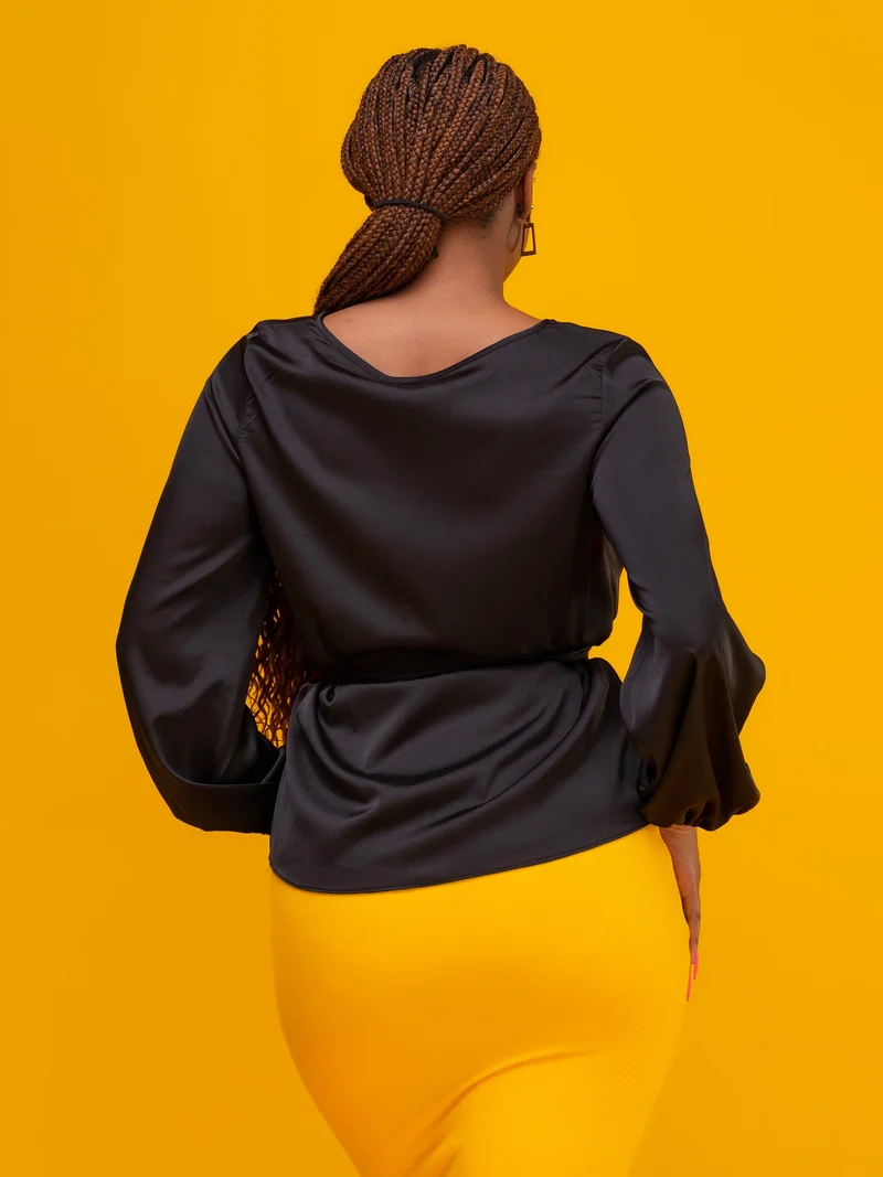 Vivo Basic Bishop Sleeve Top in Satin - Black