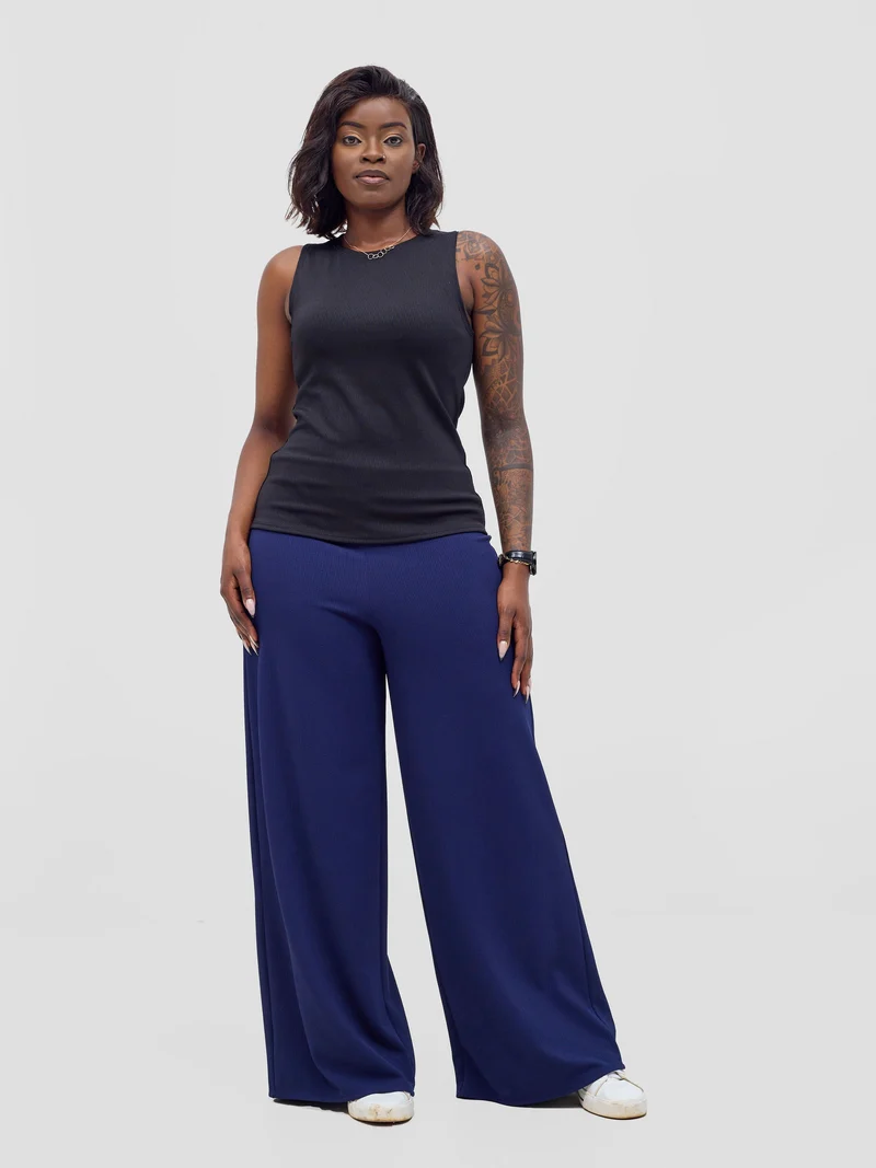 Vivo Chela Wide Leg Pants in Stretch Rib - Navy
