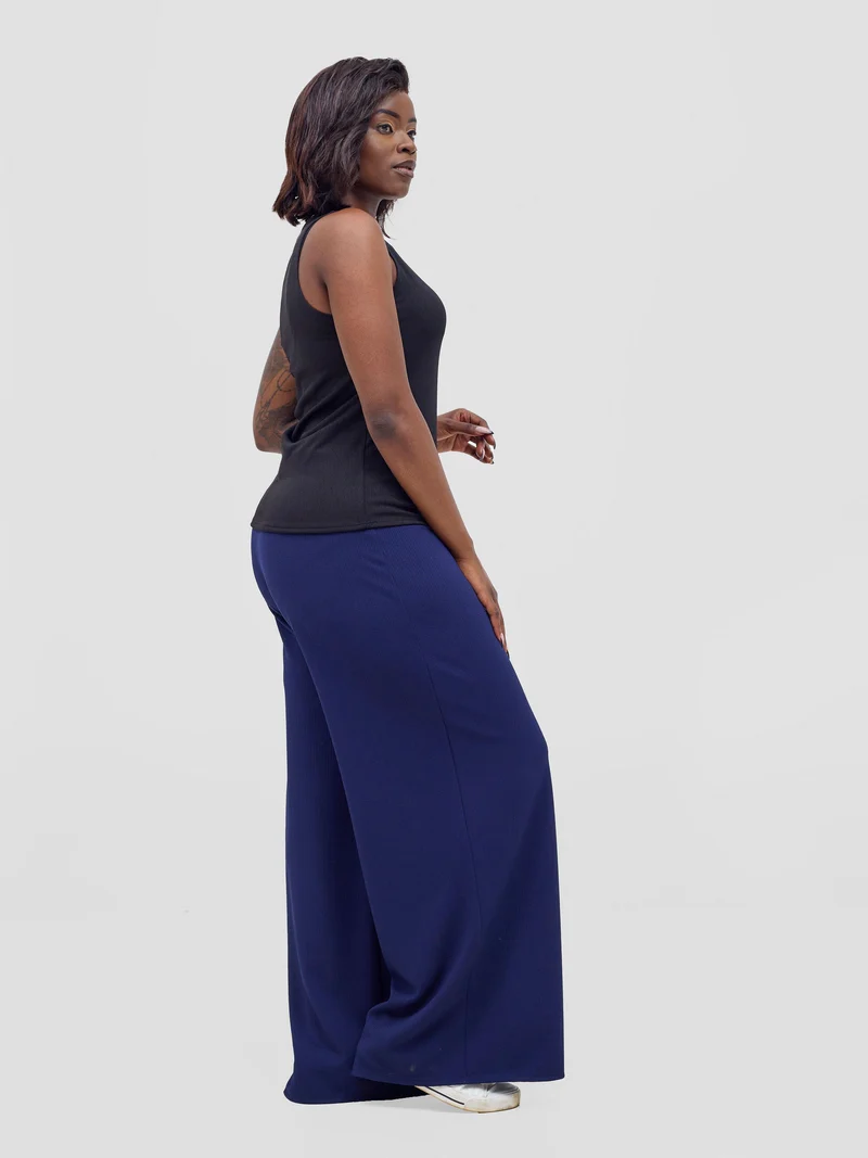 Vivo Chela Wide Leg Pants in Stretch Rib - Navy
