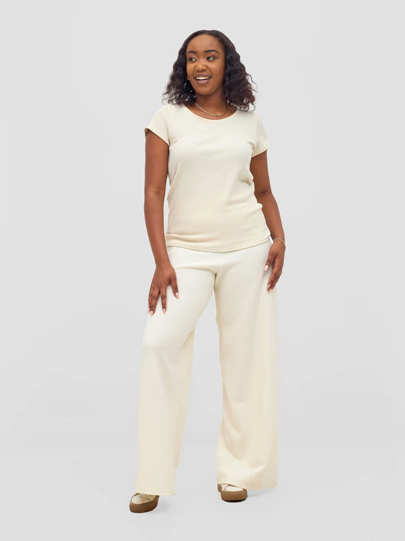 Vivo Chela Wide Leg Pants in Stretch Rib - Off White