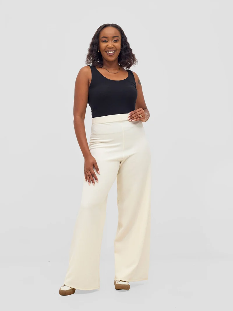 Vivo Chela Wide Leg Pants in Stretch Rib - Off White