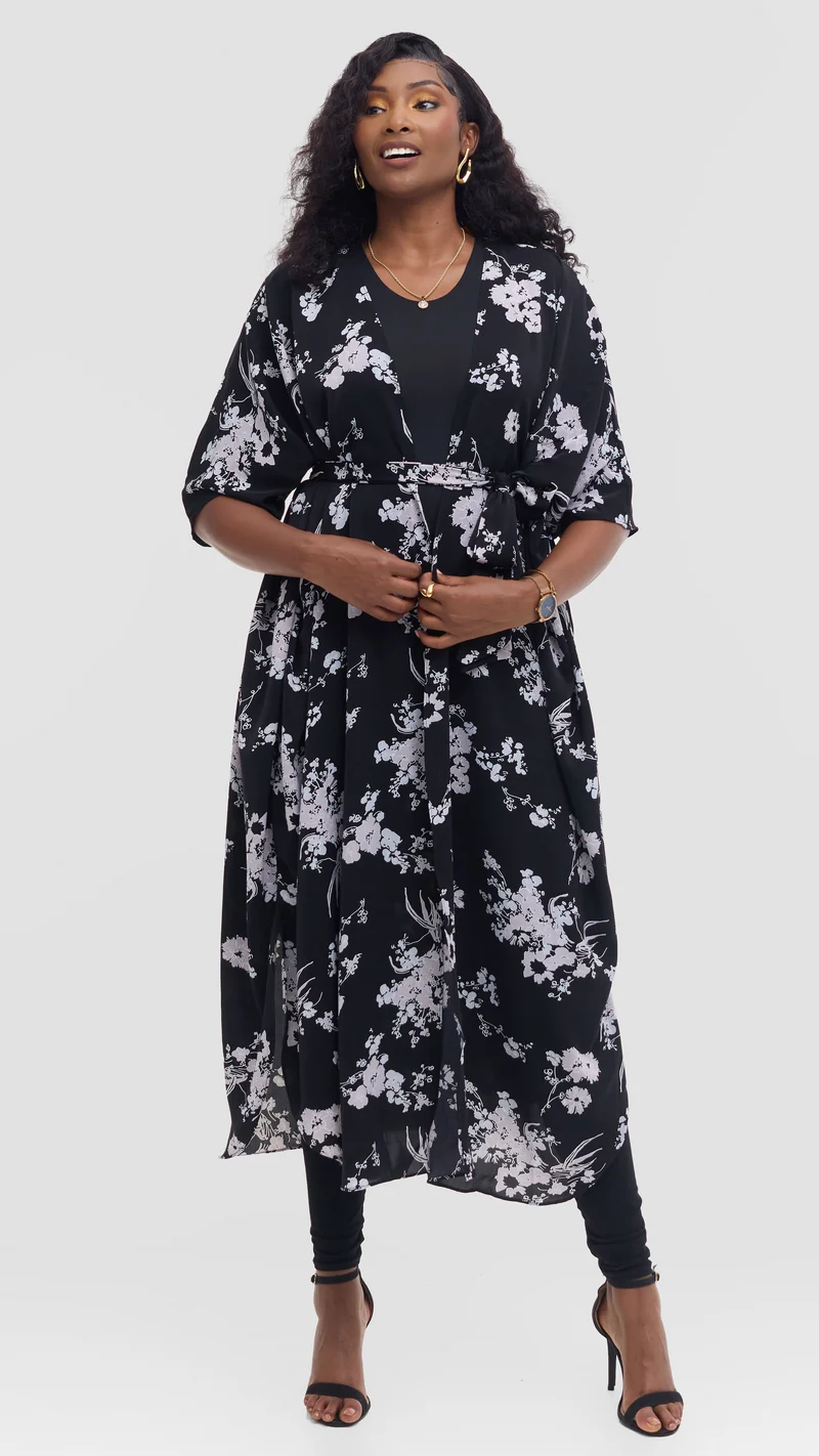 Vivo Scalloped Kimono in Crepe - Black / Grey Print