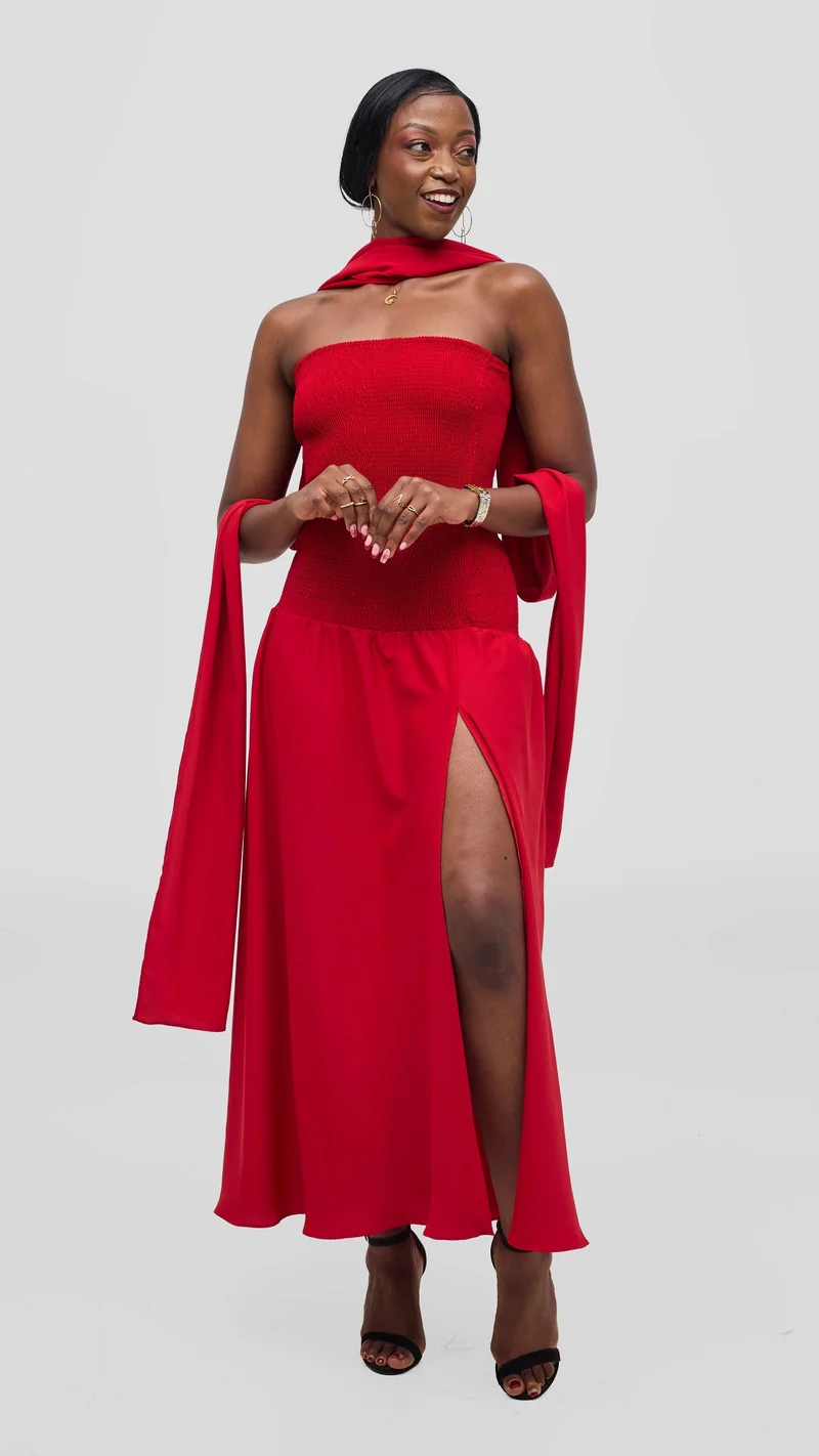 Vivo Studio Strapless Maxi in Crepe- Dark Red