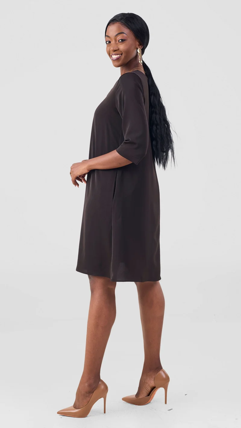 Vivo Kani 3/4 Sleeve Knee Length Dress - Chocolate