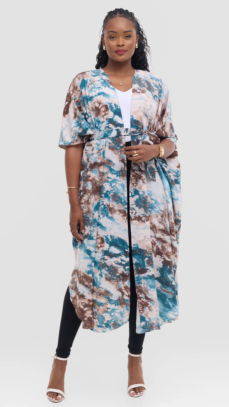 Vivo Scalloped Kimono in Crepe - Brown / Teal Print