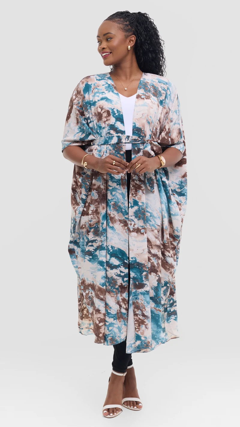 Vivo Scalloped Kimono in Crepe - Brown / Teal Print