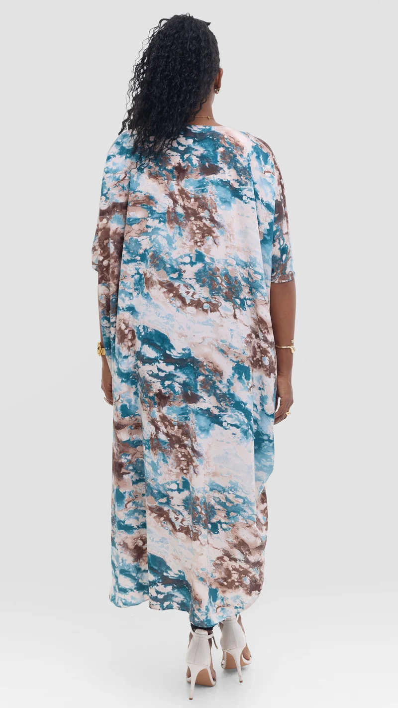 Vivo Scalloped Kimono in Crepe - Brown / Teal Print