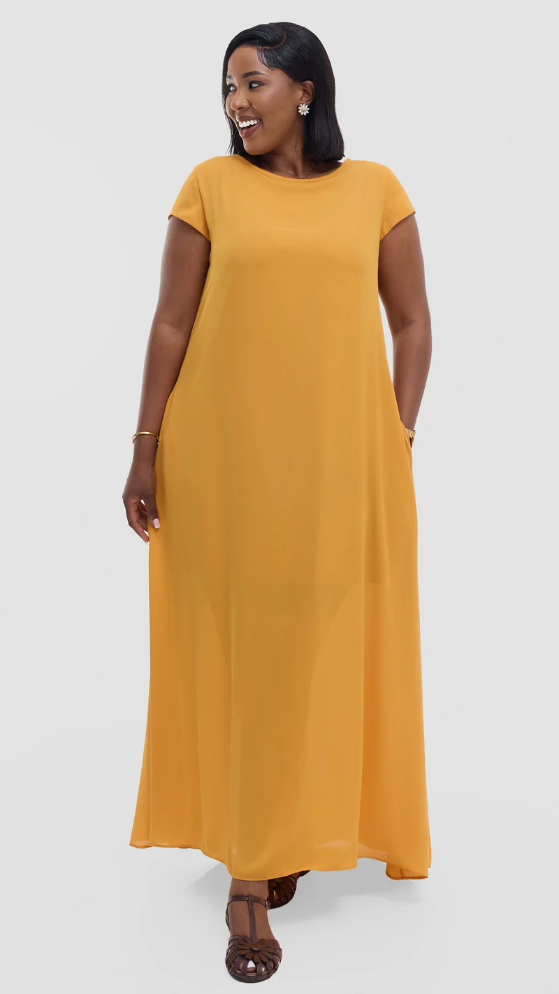 Vivo Basic Cap Sleeve Maxi Dress in Chiffon - Mustard