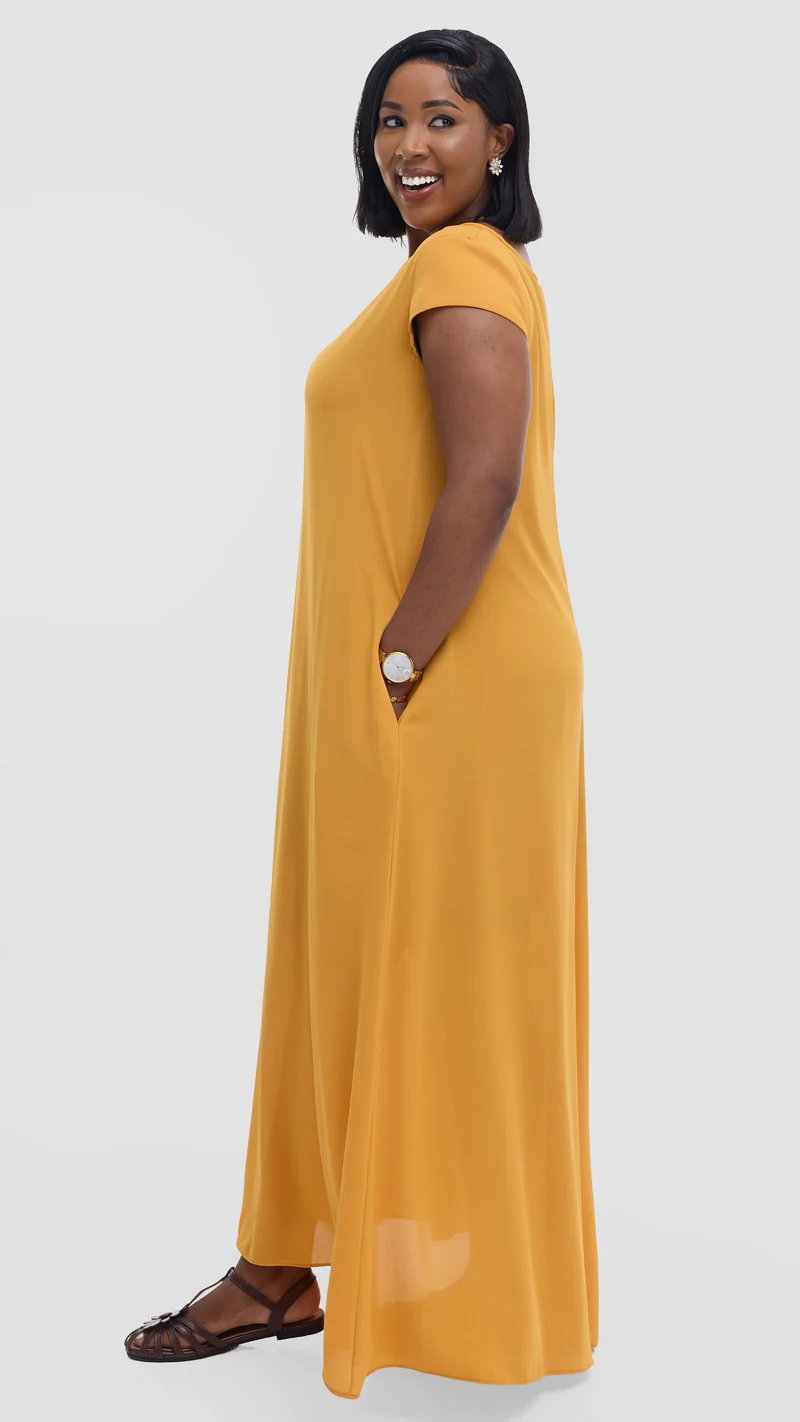 Vivo Basic Cap Sleeve Maxi Dress in Chiffon - Mustard