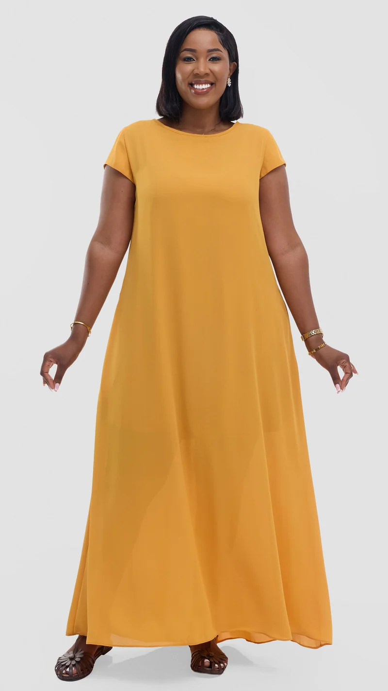 Vivo Basic Cap Sleeve Maxi Dress in Chiffon - Mustard
