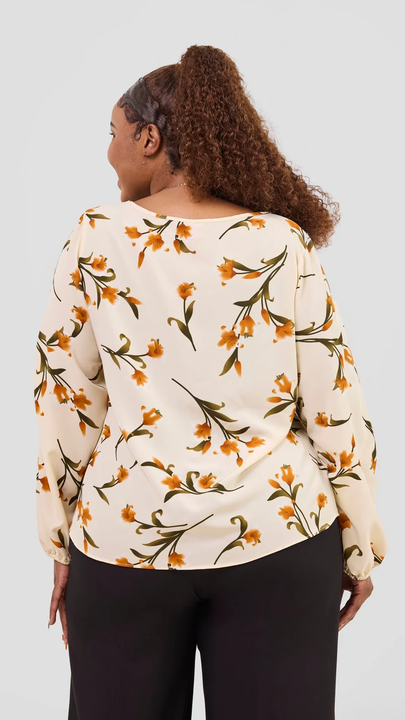 Vivo Basic Crepe Bishop Sleeve Top - Cream / Olive Print