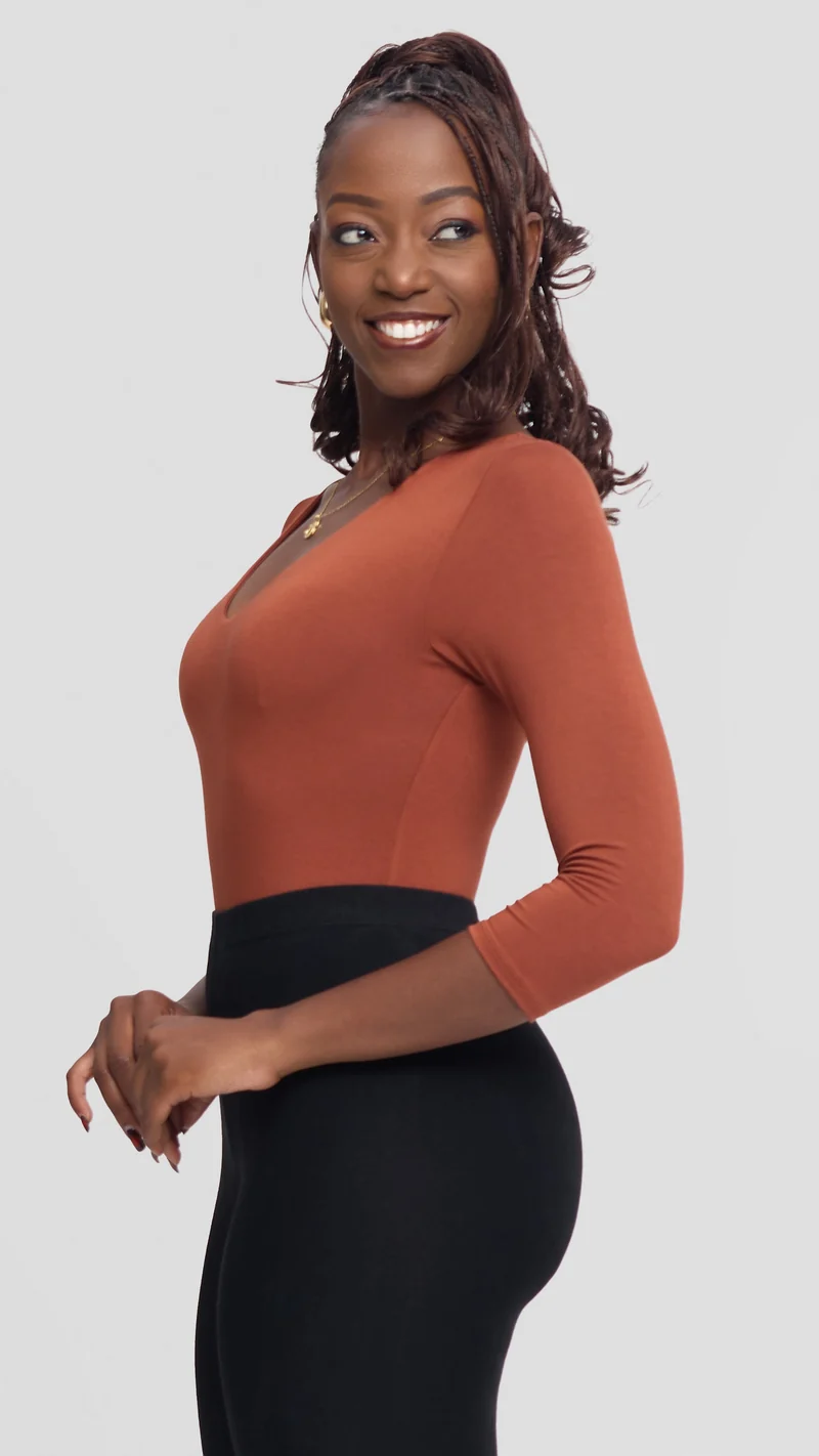 Vivo Basic 3/4 Sleeved Double Layered Bodysuit in Jersey - Rust