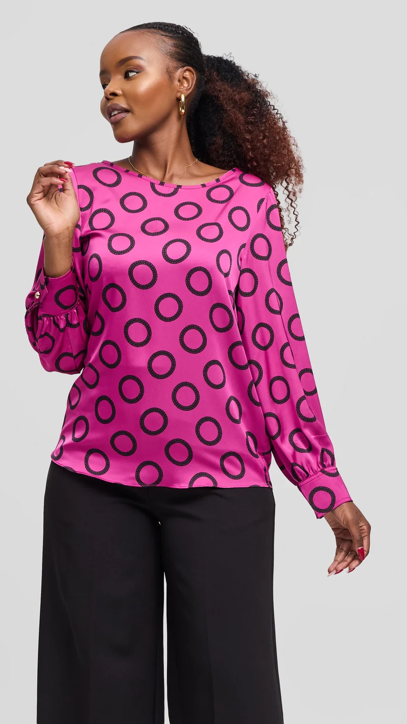 Vivo Tatili Bishop Long Sleeve Top in Satin - Fuschia / Black Garini Print