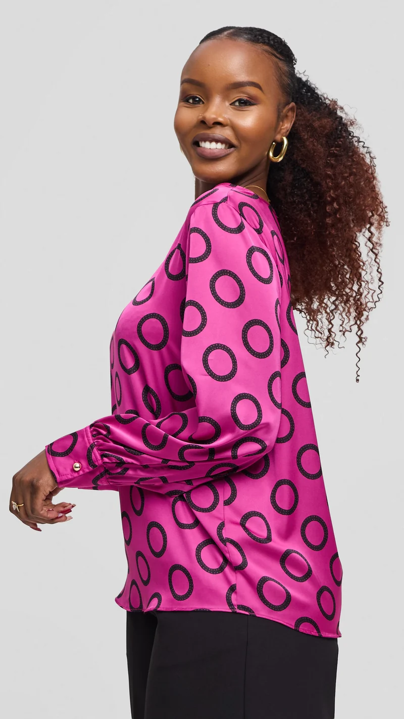Vivo Tatili Bishop Long Sleeve Top in Satin - Fuschia / Black Garini Print