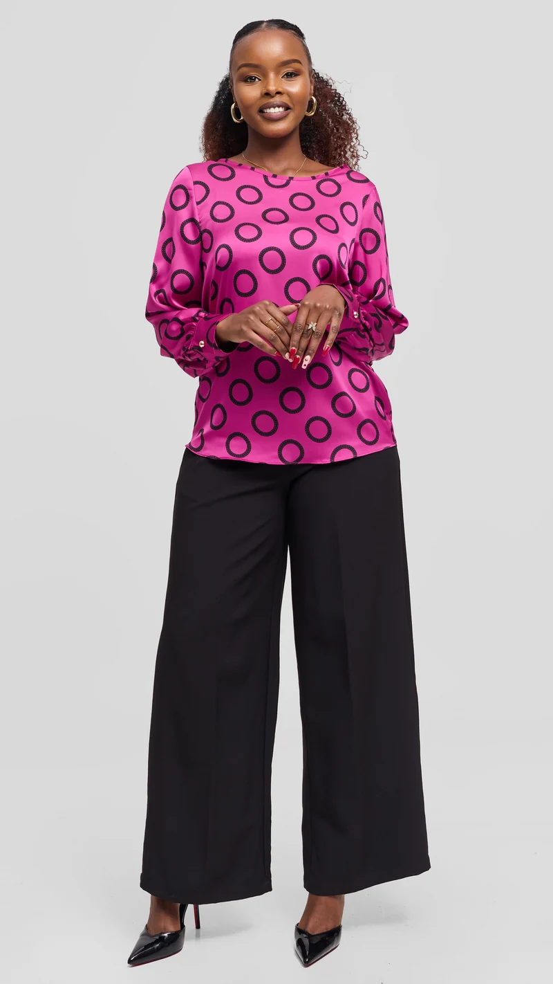Vivo Tatili Bishop Long Sleeve Top in Satin - Fuschia / Black Garini Print