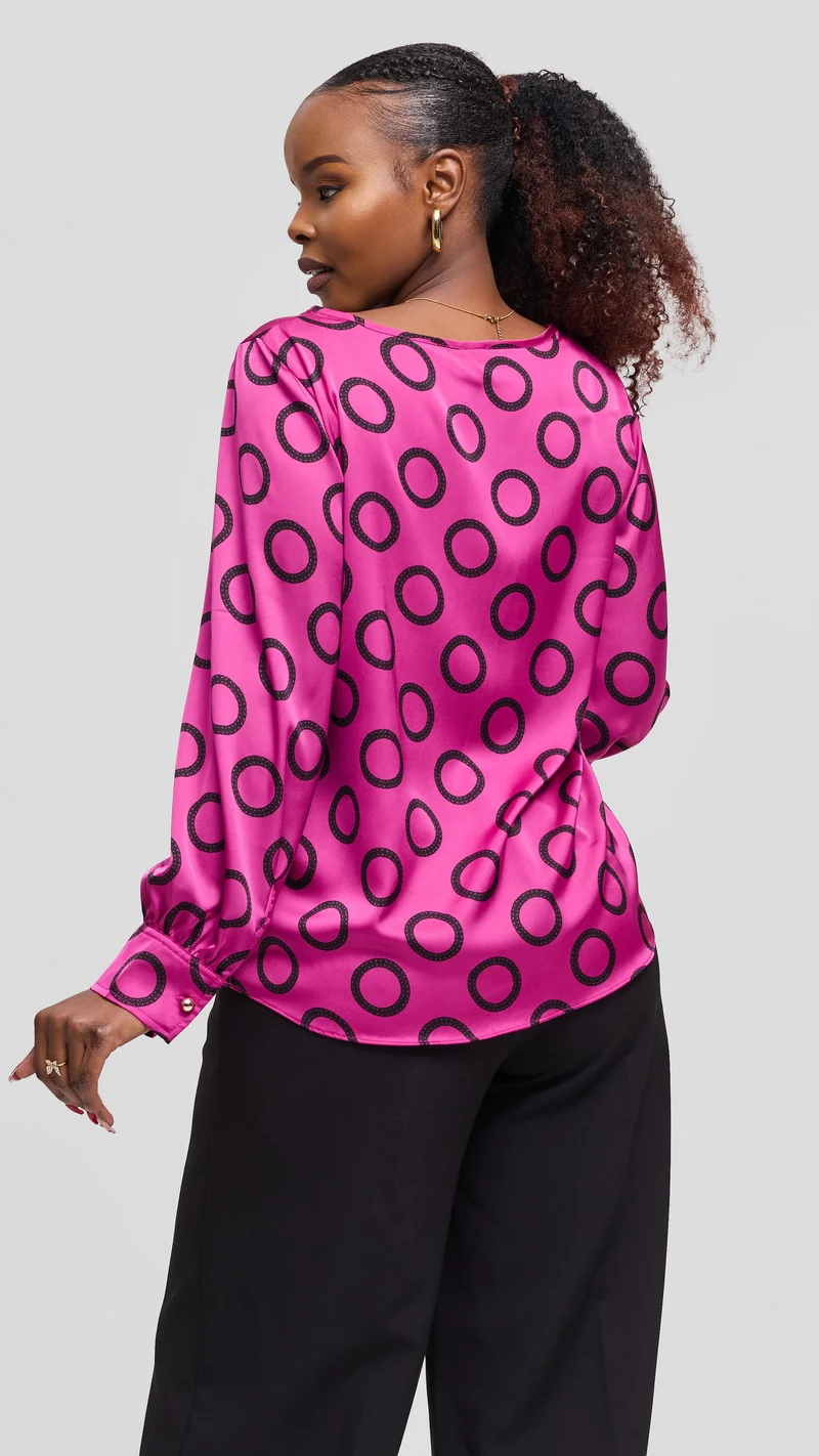 Vivo Tatili Bishop Long Sleeve Top in Satin - Fuschia / Black Garini Print