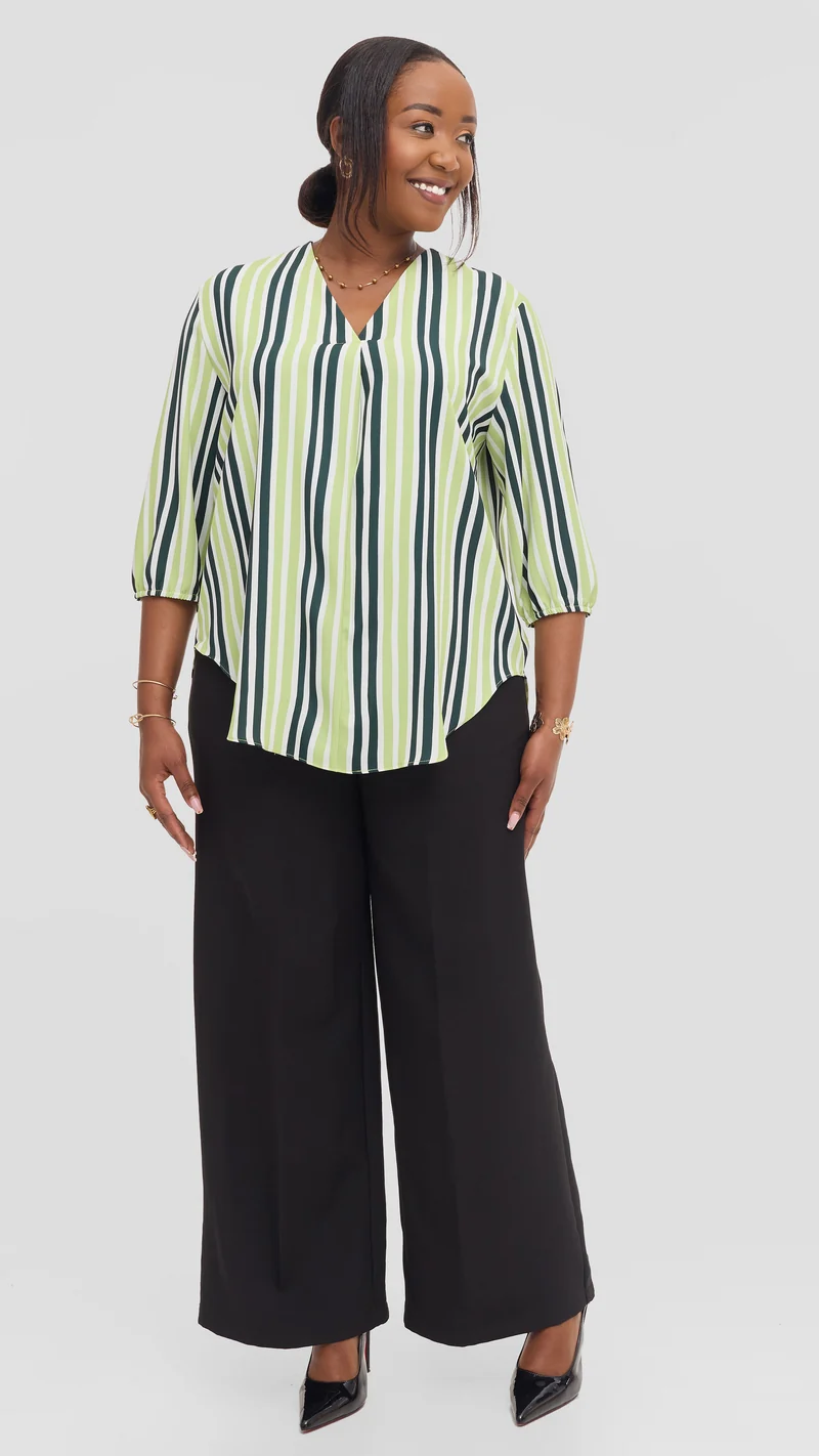 Vivo Dua 3/4 Sleeved V Neck Shirt in Crepe - Dark Green / Lime Yani Print