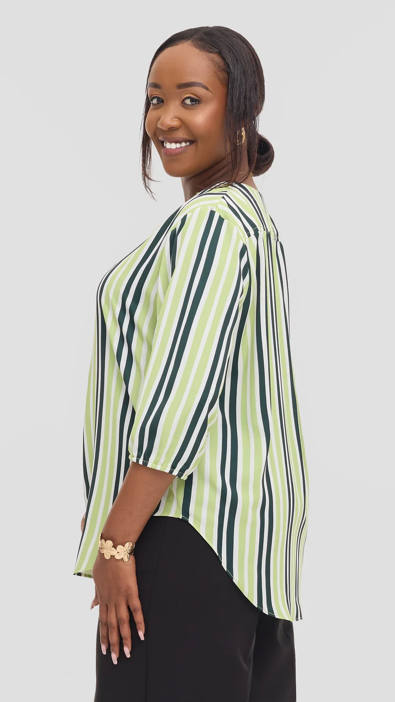 Vivo Dua 3/4 Sleeved V Neck Shirt in Crepe - Dark Green / Lime Yani Print