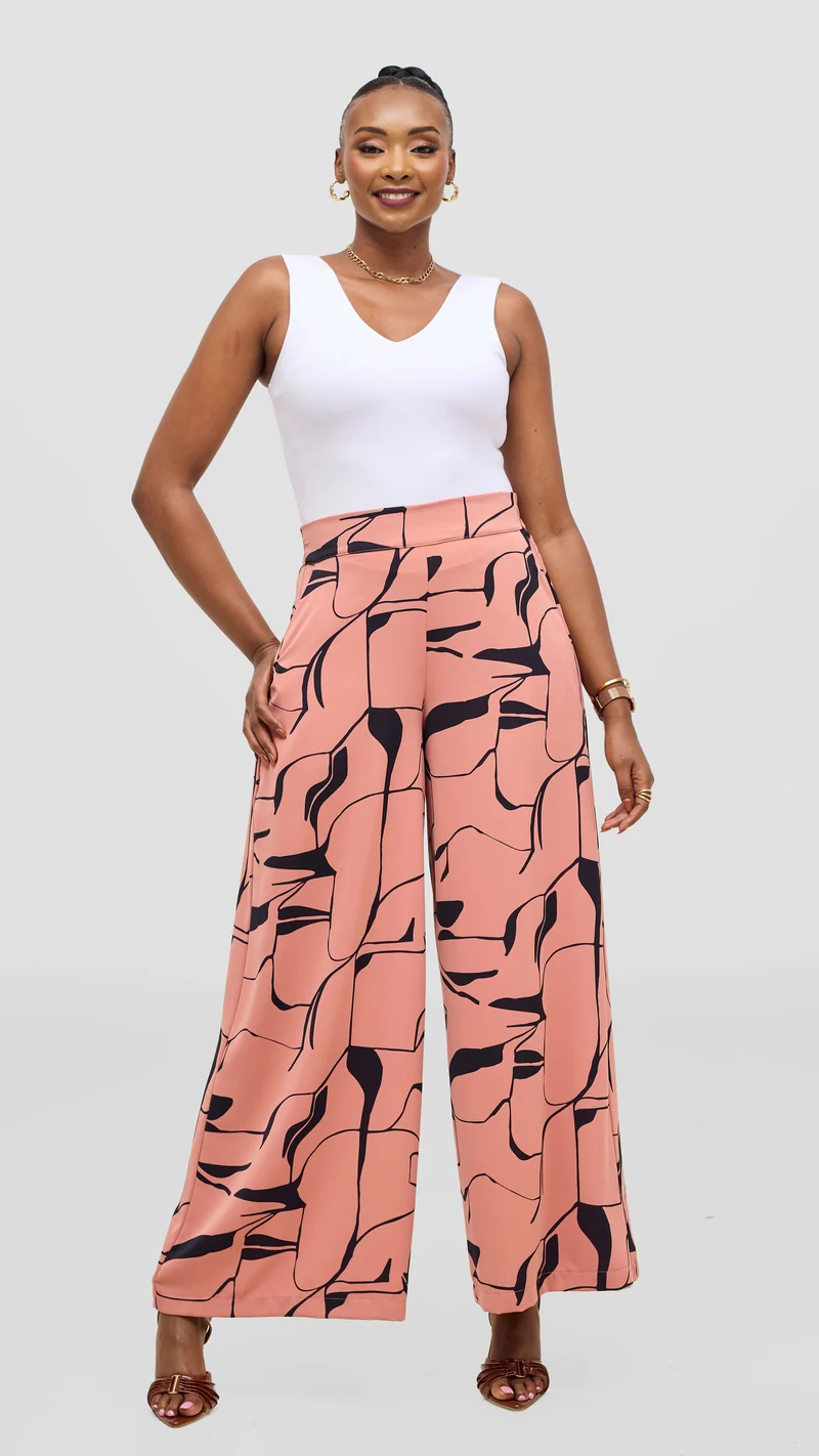 Vivo Liora Wide Leg Pants in Crepe - Coral / Navy Ziza Print