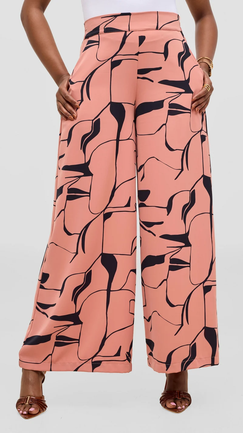 Vivo Liora Wide Leg Pants in Crepe - Coral / Navy Ziza Print