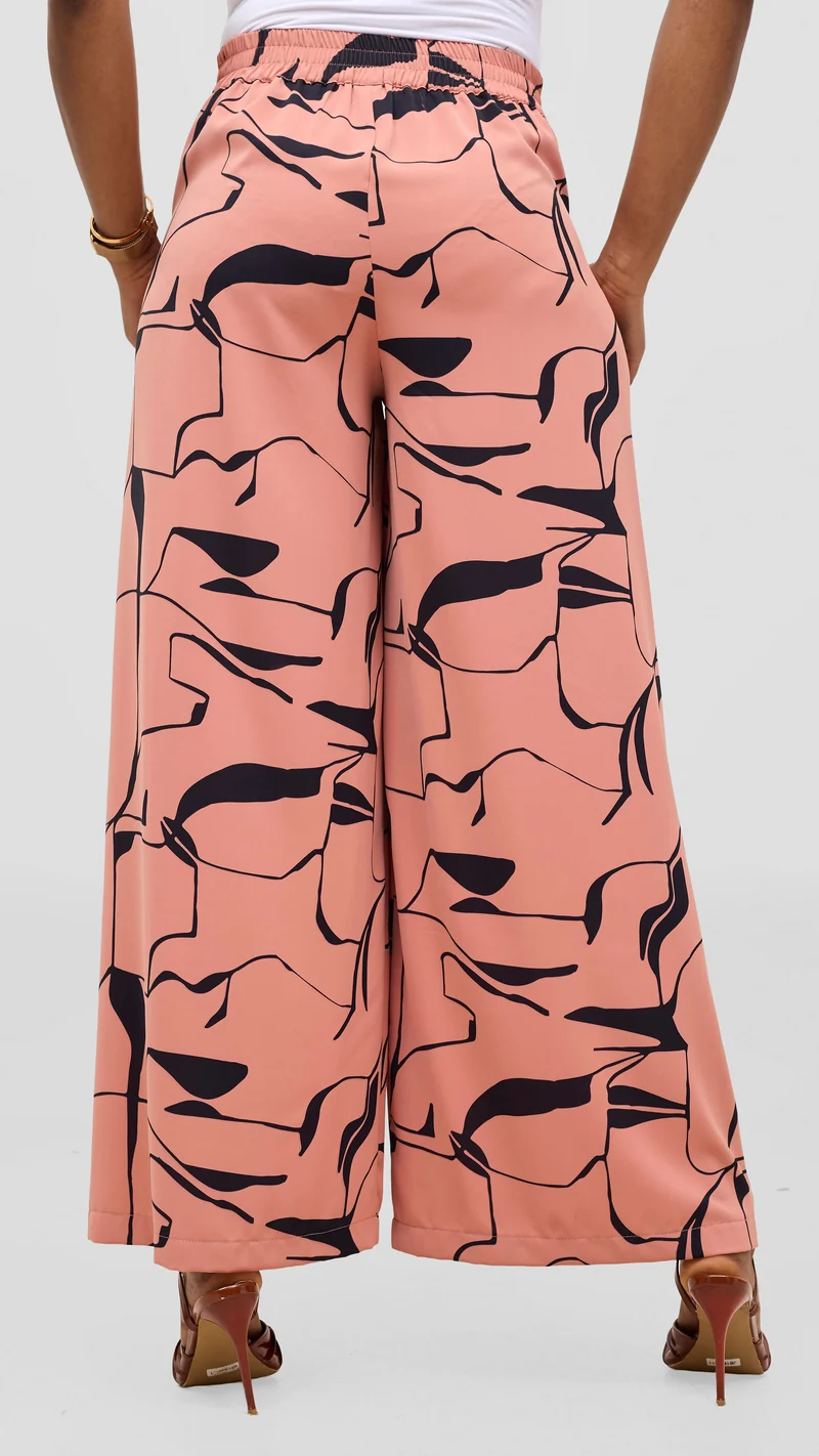 Vivo Liora Wide Leg Pants in Crepe - Coral / Navy Ziza Print