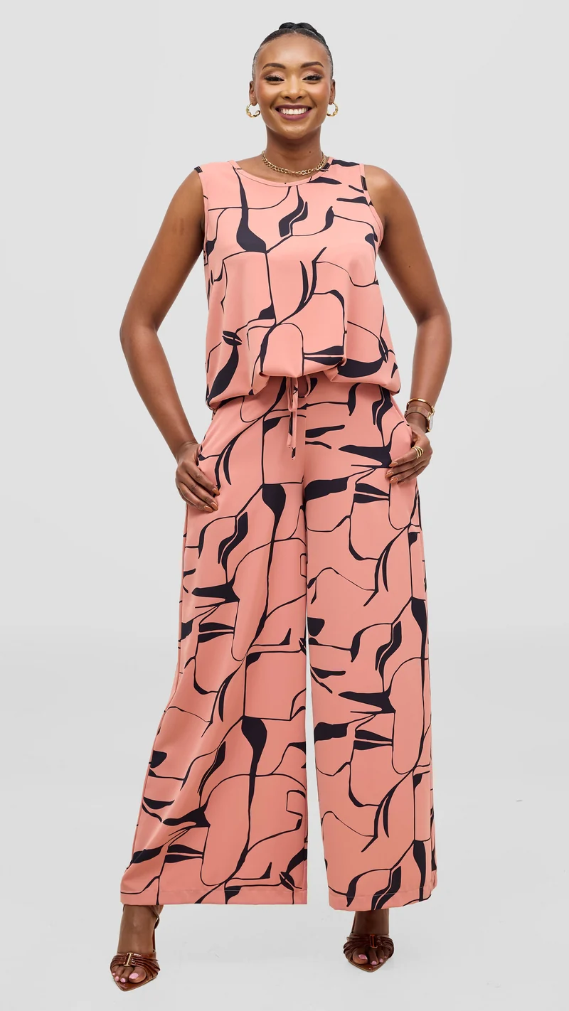 Vivo Liora Wide Leg Pants in Crepe - Coral / Navy Ziza Print
