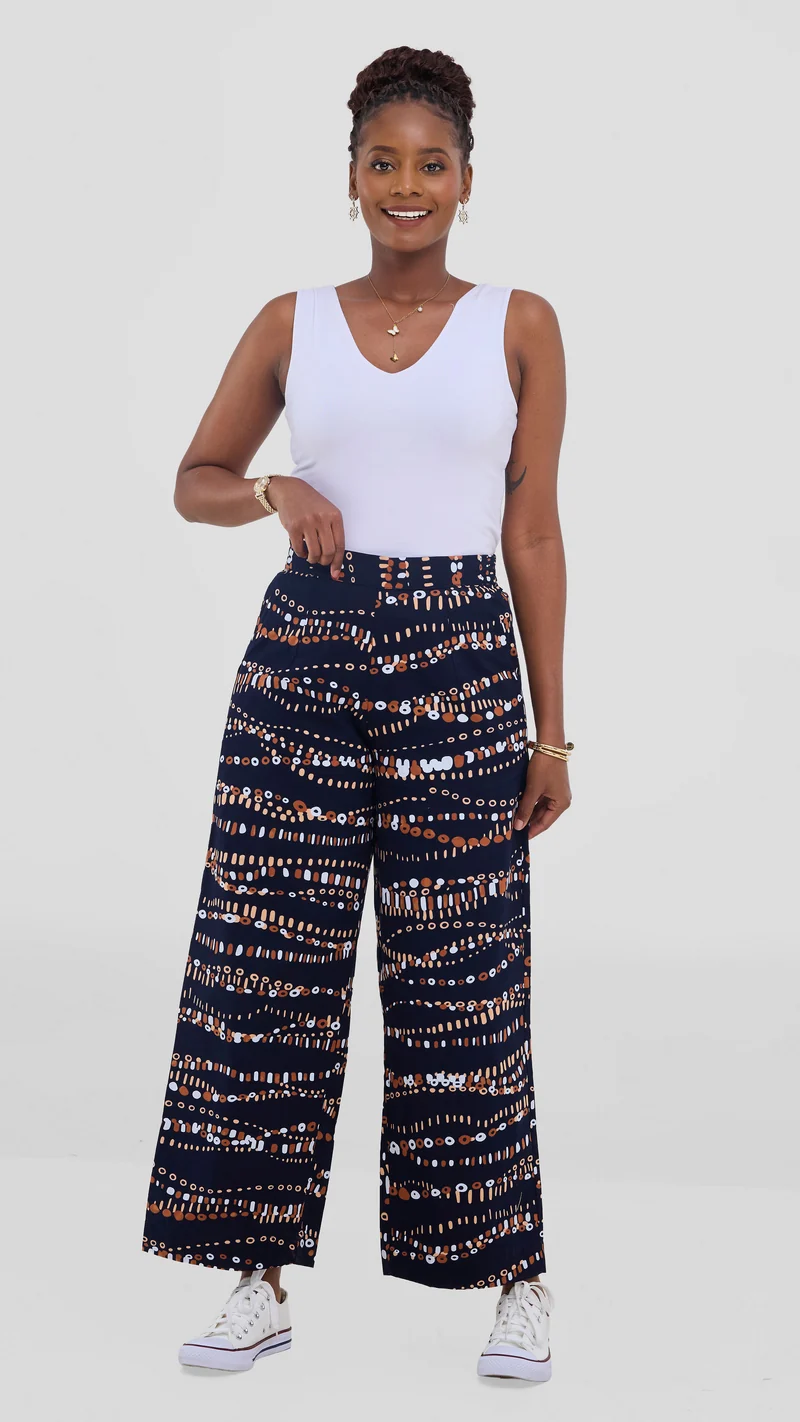 Vivo Kitenge Wide Leg Pants - Navy / Brown Chiku Print