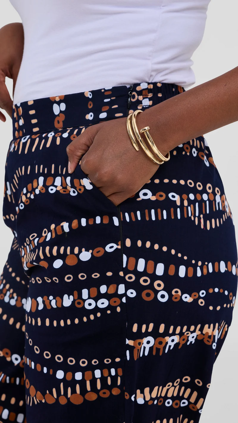 Vivo Kitenge Wide Leg Pants - Navy / Brown Chiku Print