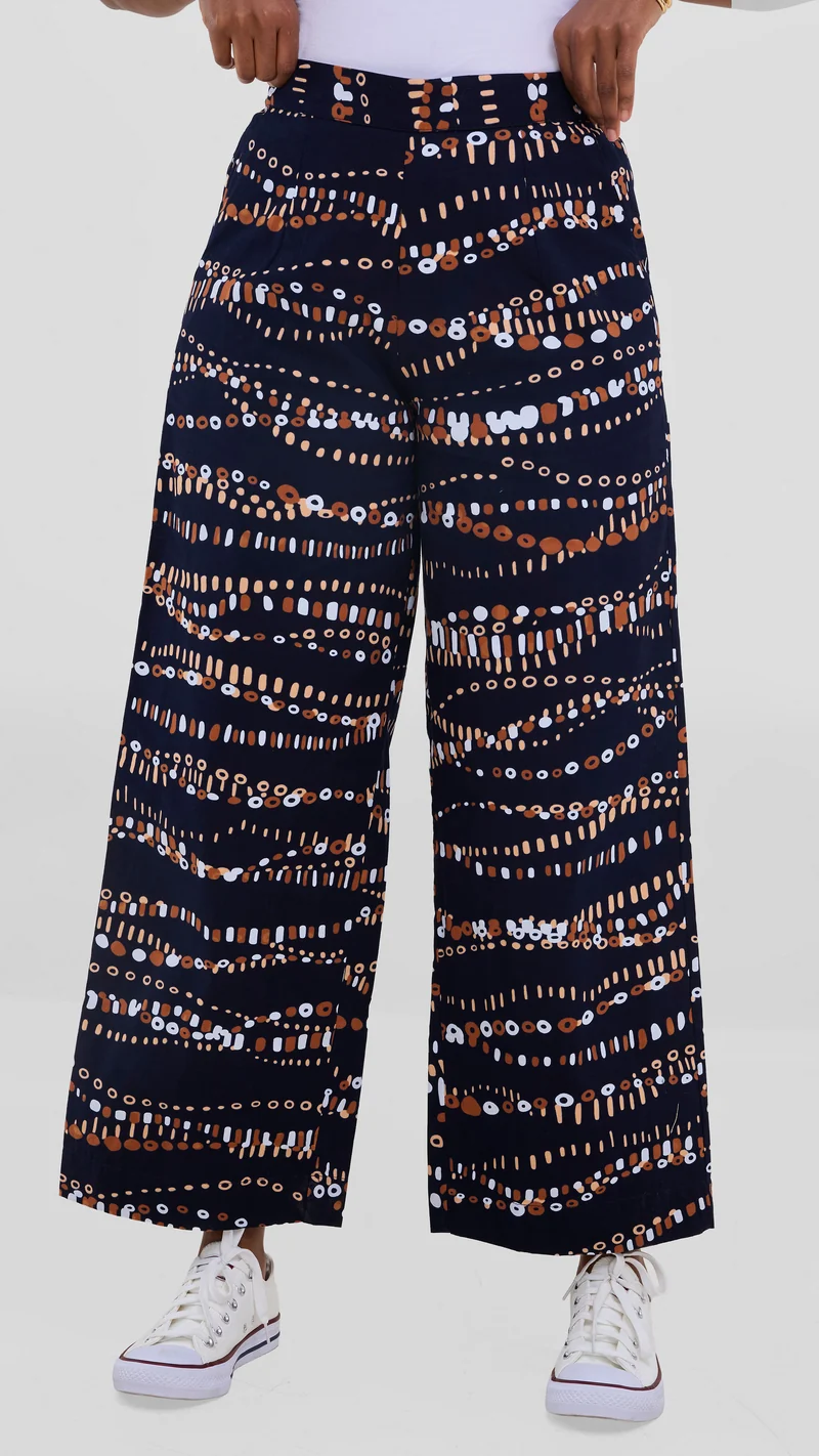 Vivo Kitenge Wide Leg Pants - Navy / Brown Chiku Print