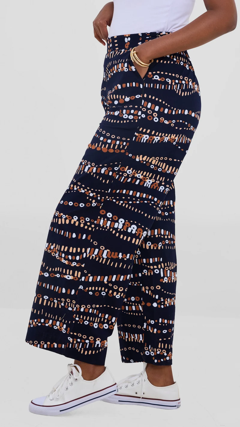Vivo Kitenge Wide Leg Pants - Navy / Brown Chiku Print